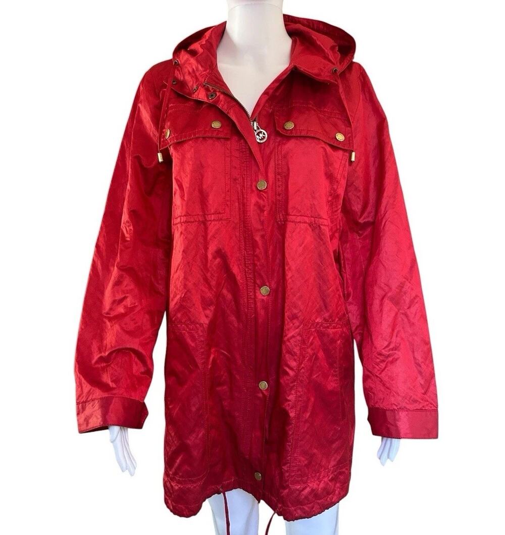 Michael Kors Women L Red Hooded Utility Anorak Jacket Gold Hardware Lightweight